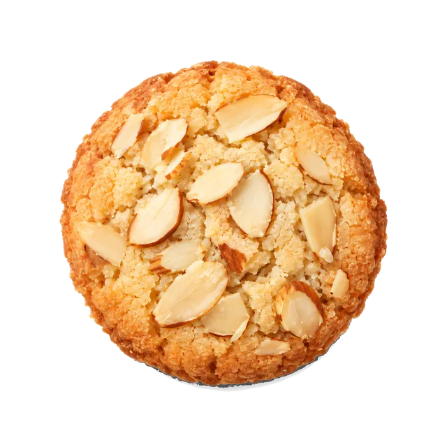 4K transparent cutout of product photography of a single almond cookie, topped with sliced almonds, golden brown edges, slightly cracked surface, isolated object, entire subject visible, centered in frame…