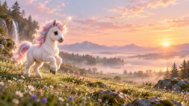 4K 16:9 widescreen artistic Windows desktop wallpaper, a tiny fluffy baby unicorn playfully prancing on the left side with a sparkling stubby horn and soft pastel mane, smooth calm s…
