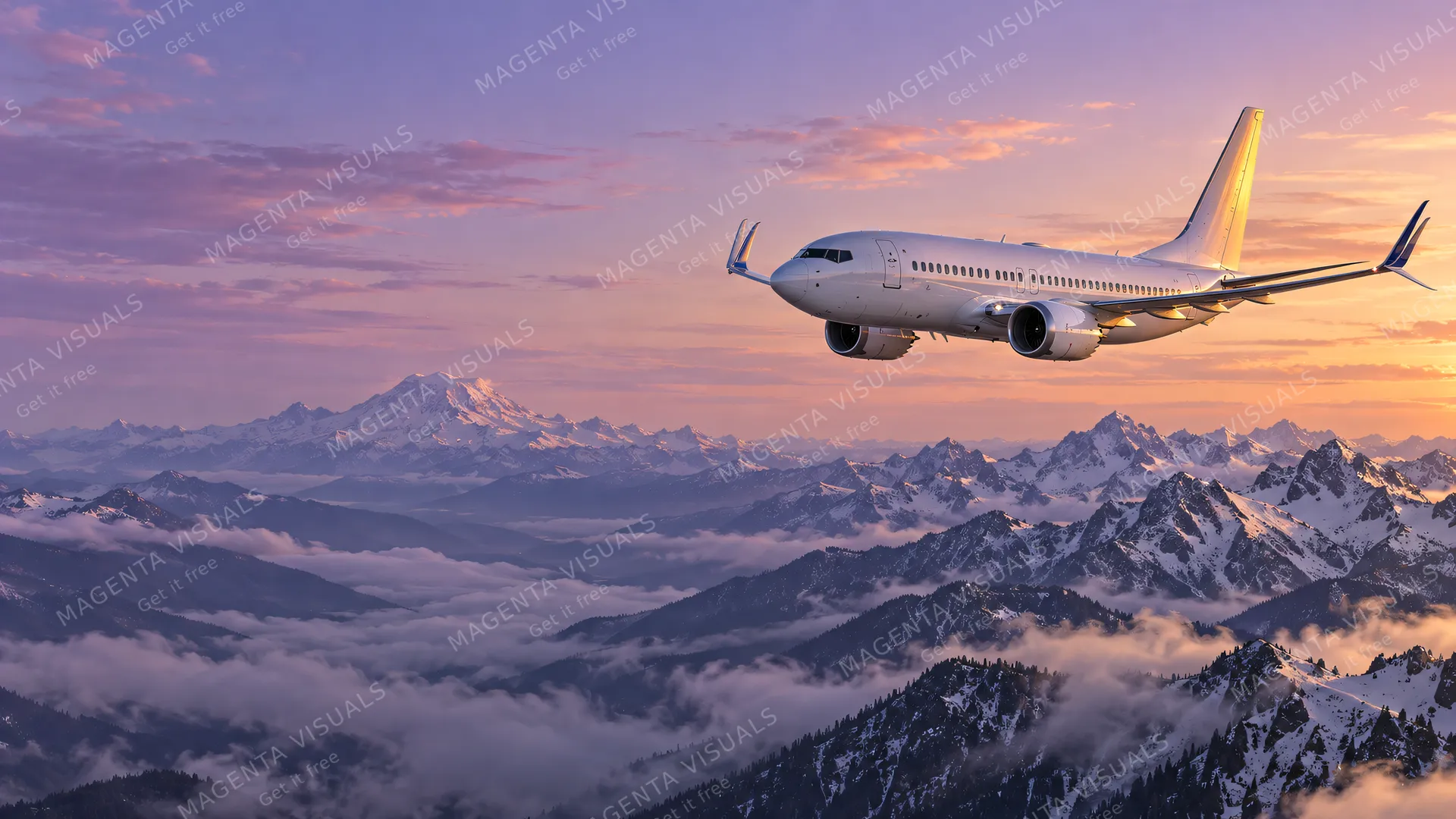 4K A 16:9 widescreen desktop wallpaper capturing a late afternoon transit over the Cascade range peaks, featuring a Boeing 737 MAX positioned entirely on the right half of the frame…