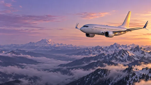 4K A 16:9 widescreen desktop wallpaper capturing a late afternoon transit over the Cascade range peaks, featuring a Boeing 737 MAX positioned entirely on the right half of the frame…