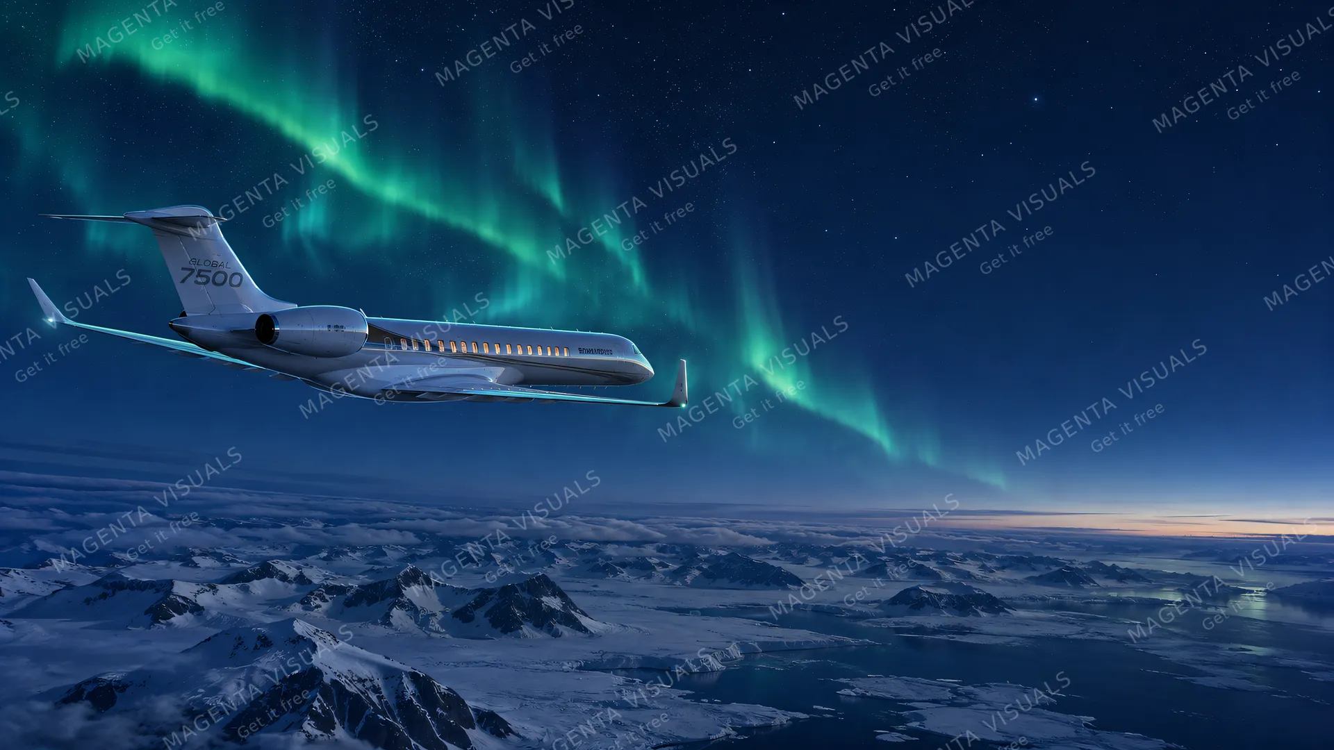 4K A 16:9 widescreen desktop wallpaper capturing a breathtaking high-altitude polar route crossing, featuring a Bombardier Global 7500 soaring gracefully on the left side of the fram…