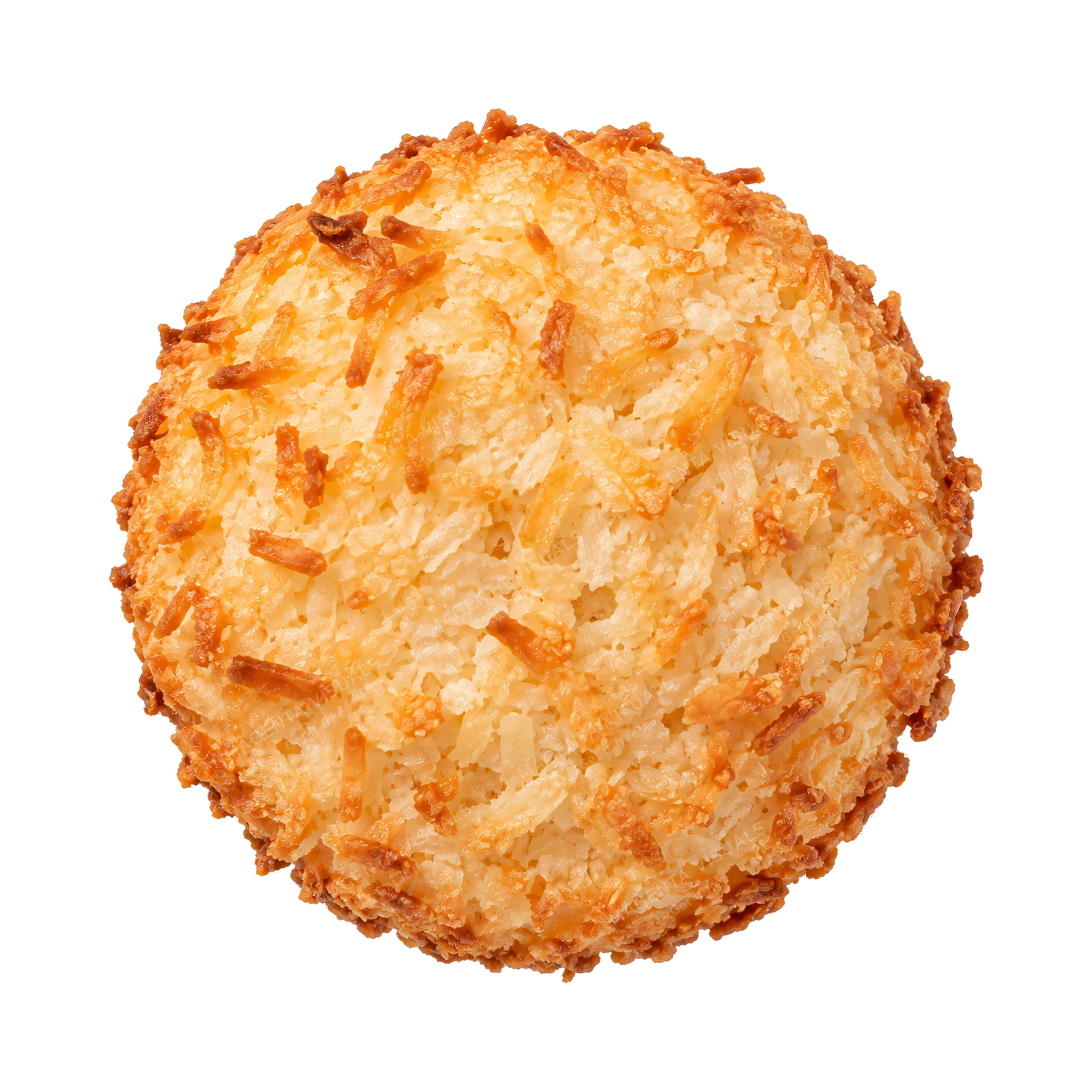 4K transparent cutout of product photography of a single round golden baked coconut cookie with visible toasted coconut shreds, isolated object, entire subject visible, centered in frame, pure white backg…
