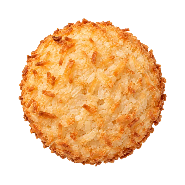 4K transparent cutout of product photography of a single round golden baked coconut cookie with visible toasted coconut shreds, isolated object, entire subject visible, centered in frame, pure white backg…