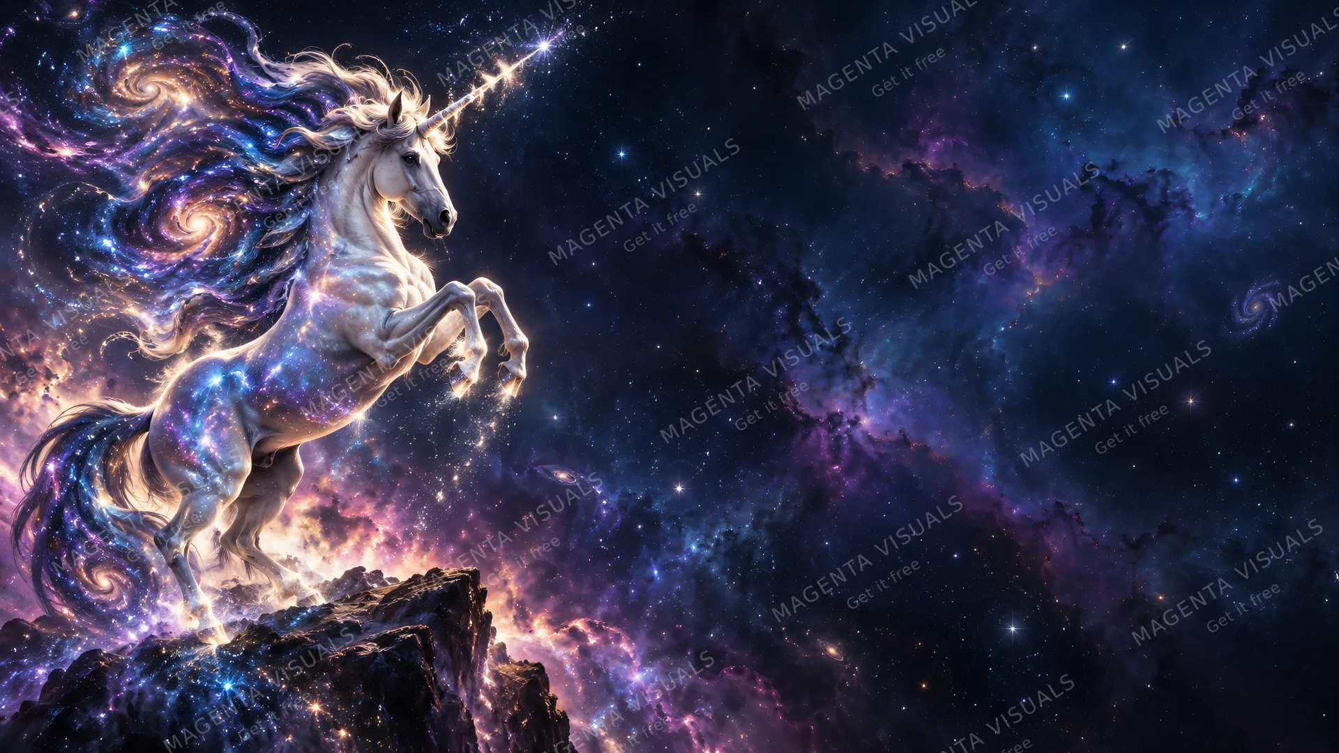 4K 16:9 widescreen artistic Windows desktop wallpaper, a radiant cosmic unicorn rearing up on the left side with a flowing mane of swirling galaxies and a sparkling stardust horn, de…