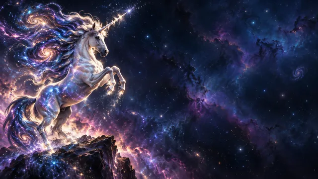 4K 16:9 widescreen artistic Windows desktop wallpaper, a radiant cosmic unicorn rearing up on the left side with a flowing mane of swirling galaxies and a sparkling stardust horn, de…