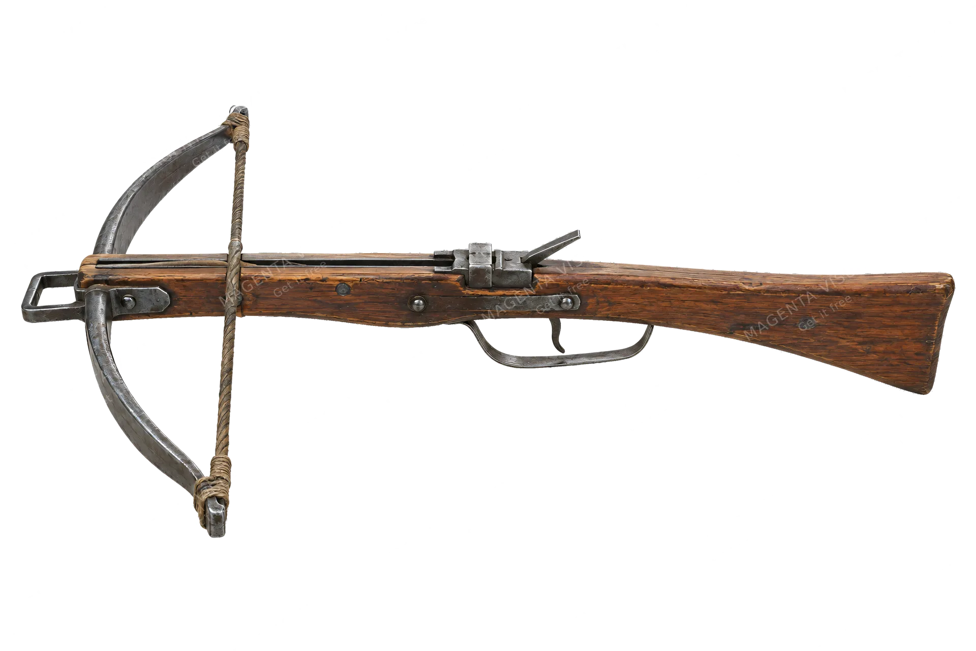 4K transparent cutout of product photography of a single medieval wooden crossbow with steel prod and trigger mechanism, isolated object, entire subject visible, centered in frame, museum artifact, ancien…
