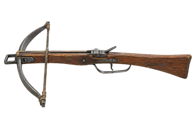 4K transparent cutout of product photography of a single medieval wooden crossbow with steel prod and trigger mechanism, isolated object, entire subject visible, centered in frame, museum artifact, ancien…