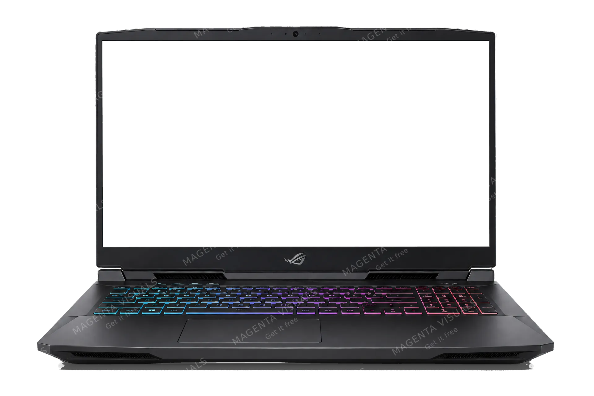 4K transparent cutout of product photography of a single open high-performance gaming laptop, angular chassis, keyboard visible below the screen, isolated object, entire device visible, centered in frame,…