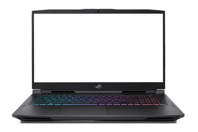 4K transparent cutout of product photography of a single open high-performance gaming laptop, angular chassis, keyboard visible below the screen, isolated object, entire device visible, centered in frame,…