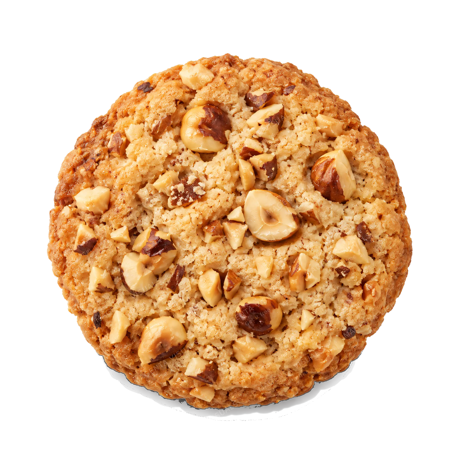 4K transparent cutout of product photography of a single hazelnut cookie studded with chopped toasted hazelnuts, isolated object, entire subject visible, centered in frame, pure white background, seamless…