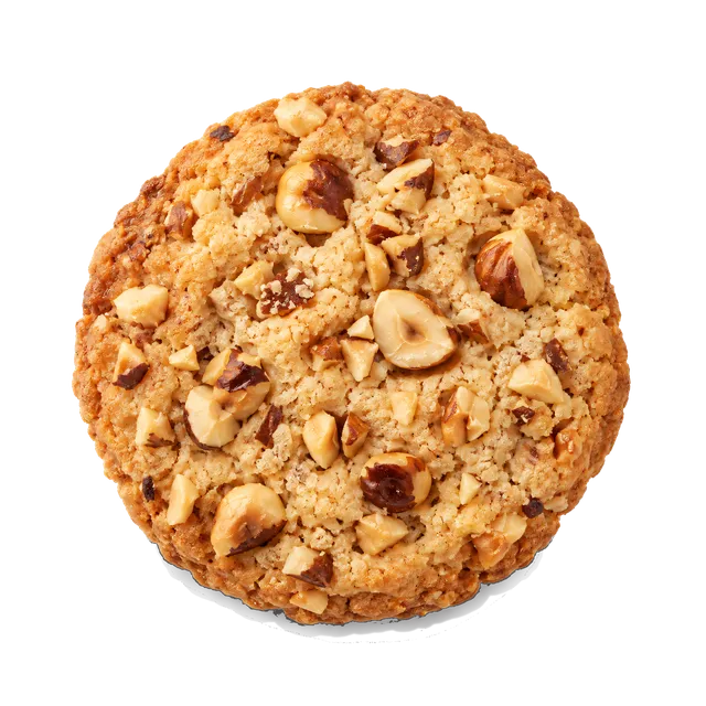 4K transparent cutout of product photography of a single hazelnut cookie studded with chopped toasted hazelnuts, isolated object, entire subject visible, centered in frame, pure white background, seamless…