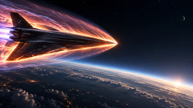 4K A sleek sci-fi hypersonic plane dominating the left side of the frame, soaring at the edge of the mesosphere, enveloped in a glowing ionization trail and a fierce plasma shockwave…