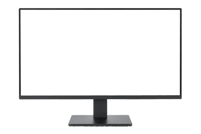 4K transparent cutout of product photography of a single modern LED flat panel computer screen on stand with narrow borders, isolated object, entire device visible, centered in frame, straight-on front vi…