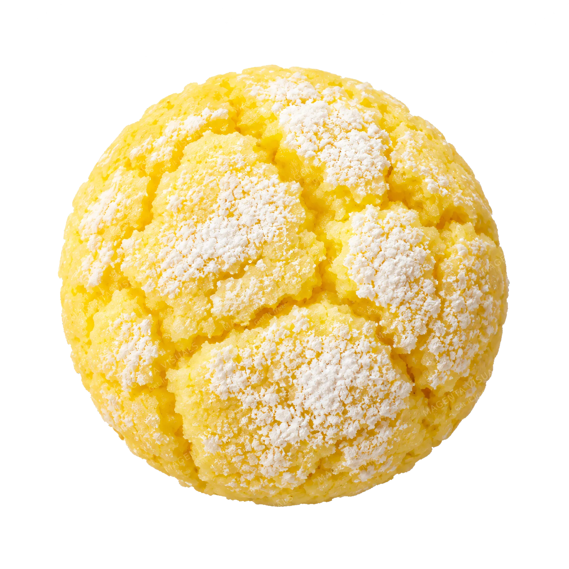 4K transparent cutout of product photography of a single lemon cookie, vibrant yellow color with a light dusting of powdered sugar, soft cracked texture, isolated object, entire subject visible, centered…