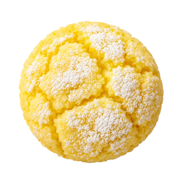 4K transparent cutout of product photography of a single lemon cookie, vibrant yellow color with a light dusting of powdered sugar, soft cracked texture, isolated object, entire subject visible, centered…