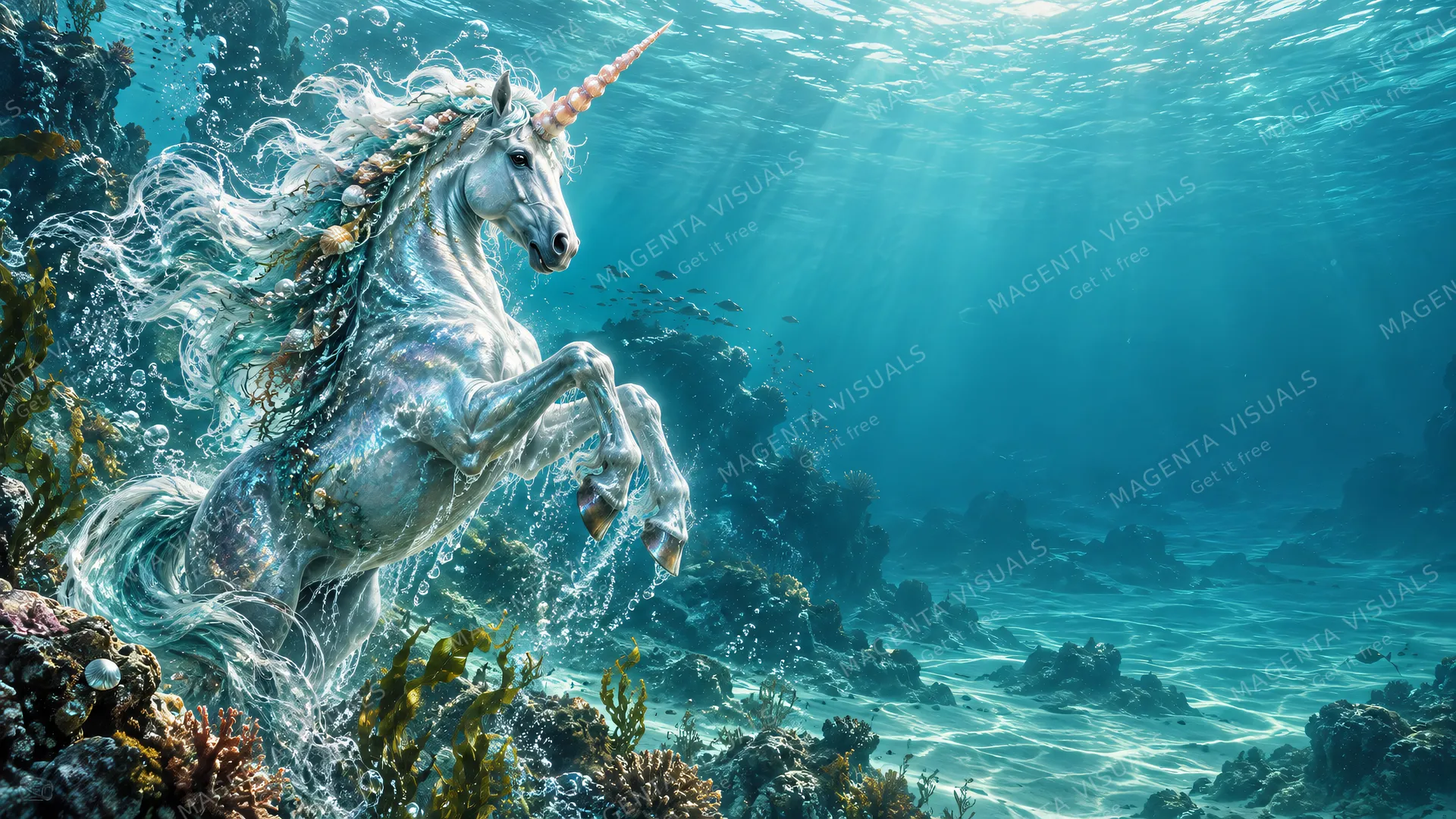 4K 16:9 widescreen artistic Windows desktop wallpaper, a majestic ocean unicorn rearing up on the left side with a flowing mane of sea foam and a pearlescent coral horn, deep aquatic…