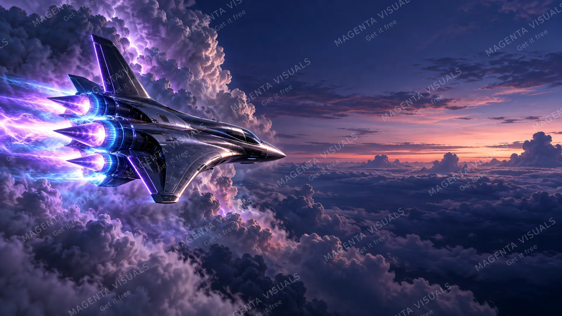 4K A futuristic plasma-powered aircraft positioned on the left side of the frame, skimming past massive thunderheads, with intense electric violet and cyan plasma glows radiating fro…