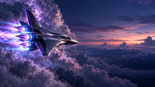4K A futuristic plasma-powered aircraft positioned on the left side of the frame, skimming past massive thunderheads, with intense electric violet and cyan plasma glows radiating fro…