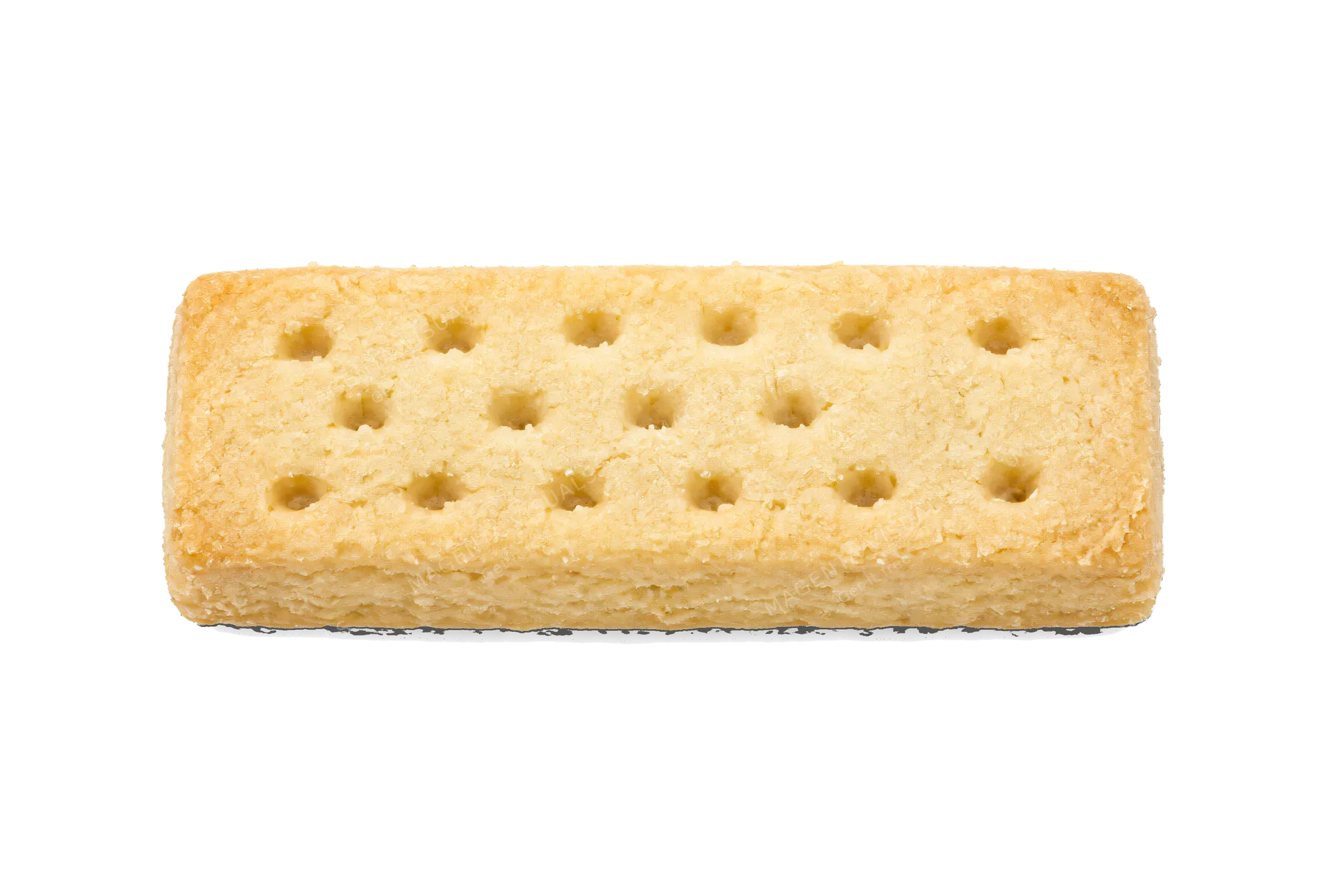 4K transparent cutout of product photography of a single rectangular Scottish shortbread cookie with prick marks on top, isolated object, entire subject visible, centered in frame, pure white background,…