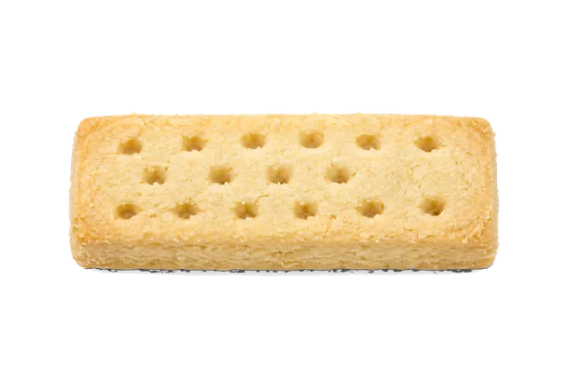 4K transparent cutout of product photography of a single rectangular Scottish shortbread cookie with prick marks on top, isolated object, entire subject visible, centered in frame, pure white background,…