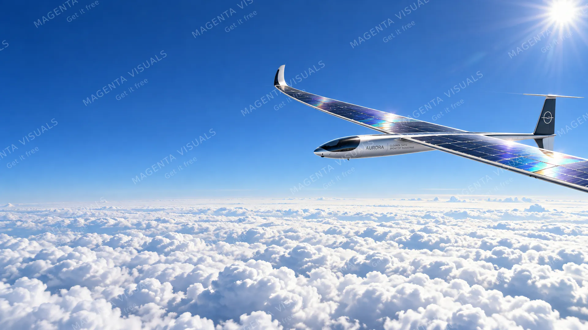 4K A futuristic solar-powered airplane in a silent stratospheric glide above an endless flat blanket of pure white cumulus clouds at midday, 16:9 widescreen.