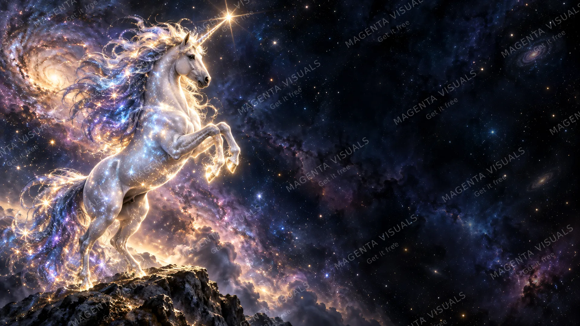 4K 16:9 widescreen artistic Windows desktop wallpaper, a radiant star unicorn rearing up on the left side with a sparkling cosmic mane and a horn glowing with celestial starlight, de…