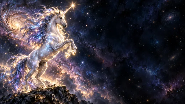 4K 16:9 widescreen artistic Windows desktop wallpaper, a radiant star unicorn rearing up on the left side with a sparkling cosmic mane and a horn glowing with celestial starlight, de…