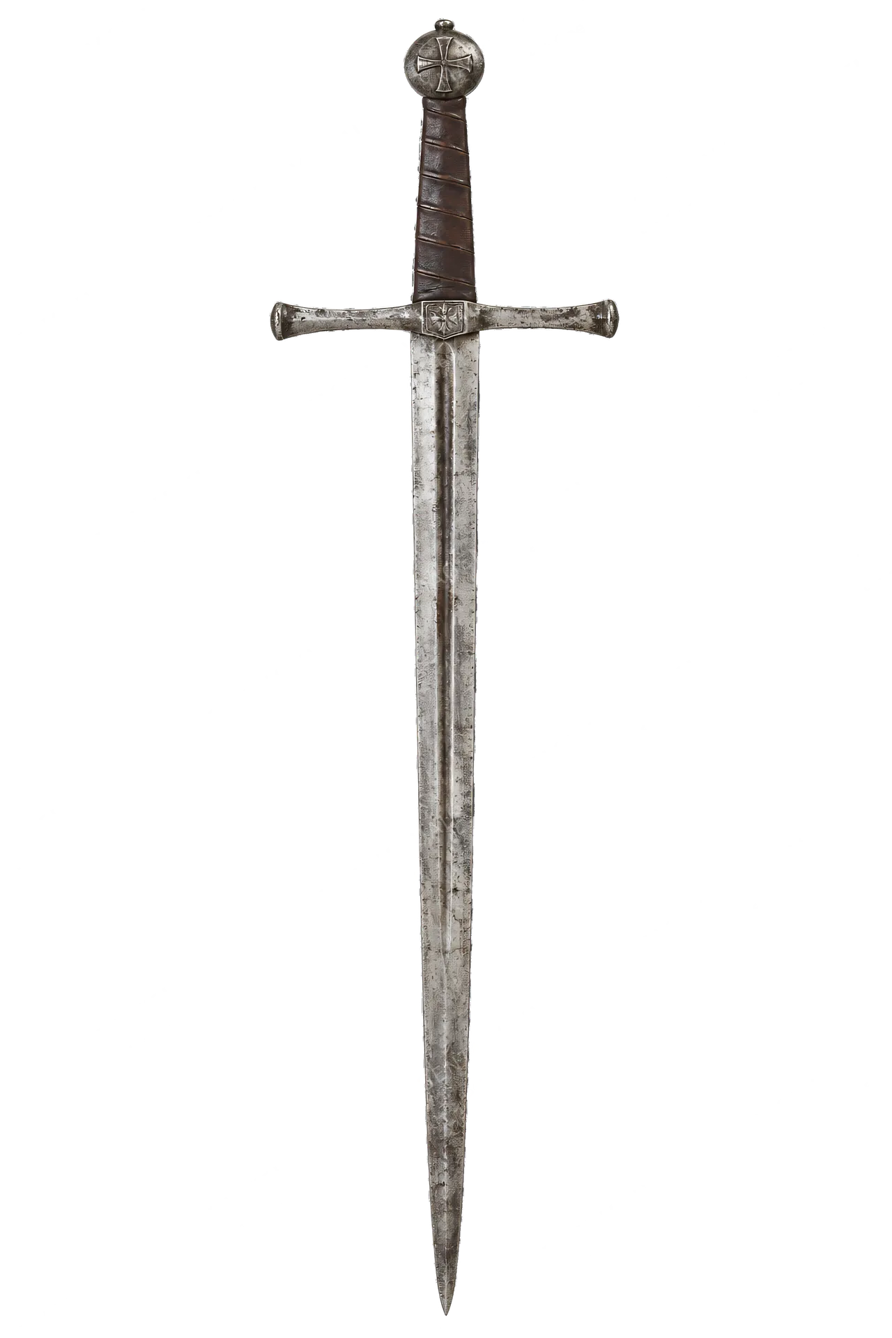 4K transparent cutout of product photography of a single ancient steel sword with a leather-wrapped hilt and crossguard, isolated object, entire subject visible, centered in frame, museum artifact, ancien…