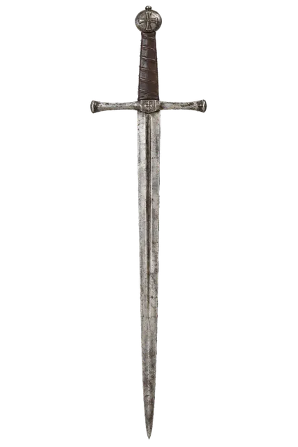 4K transparent cutout of product photography of a single ancient steel sword with a leather-wrapped hilt and crossguard, isolated object, entire subject visible, centered in frame, museum artifact, ancien…