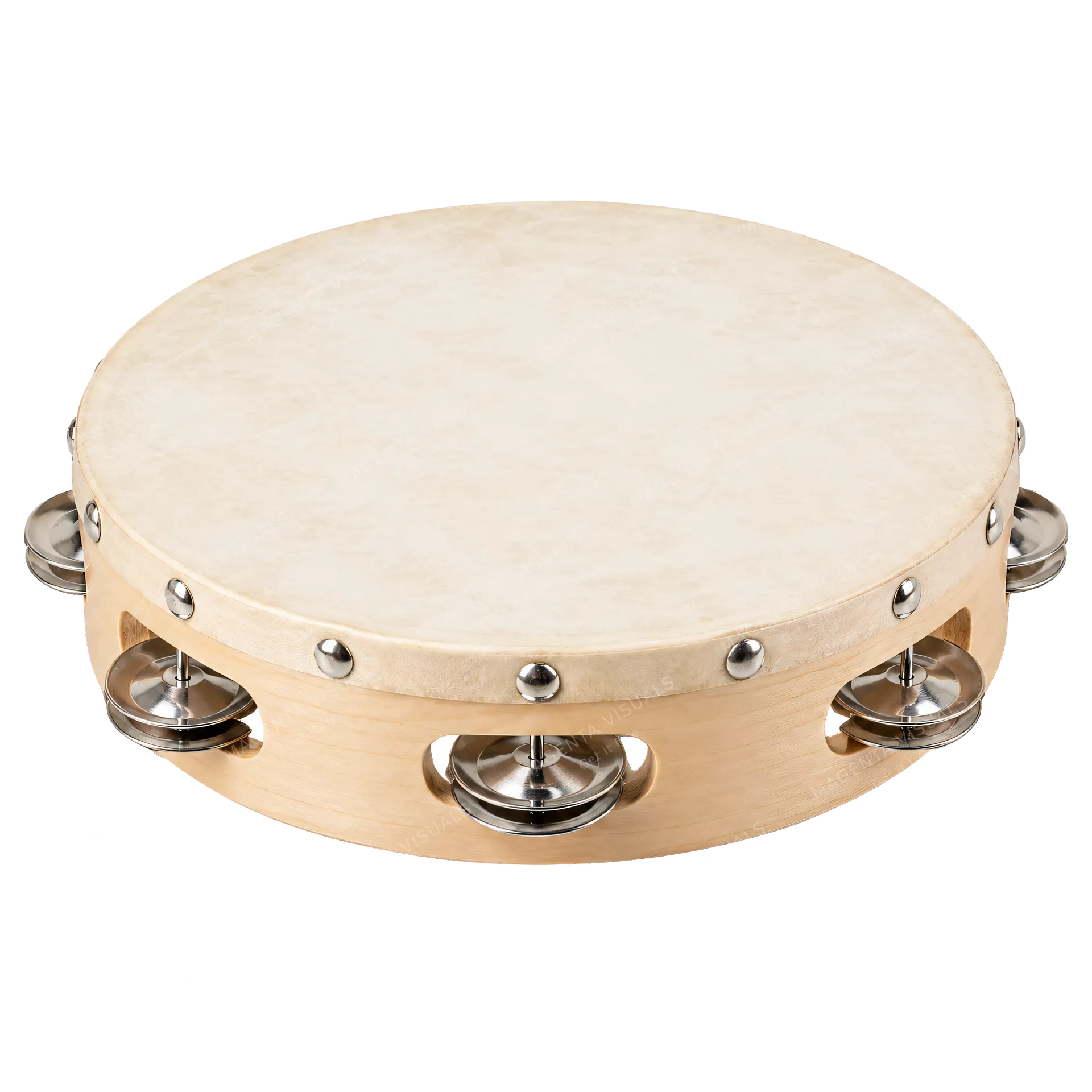 4K transparent cutout of product photography of a single wooden tambourine with metal jingles, isolated object, entire subject visible, centered in frame, pure white background, seamless white backdrop, h…