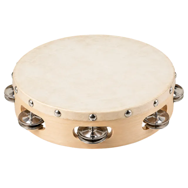 4K transparent cutout of product photography of a single wooden tambourine with metal jingles, isolated object, entire subject visible, centered in frame, pure white background, seamless white backdrop, h…