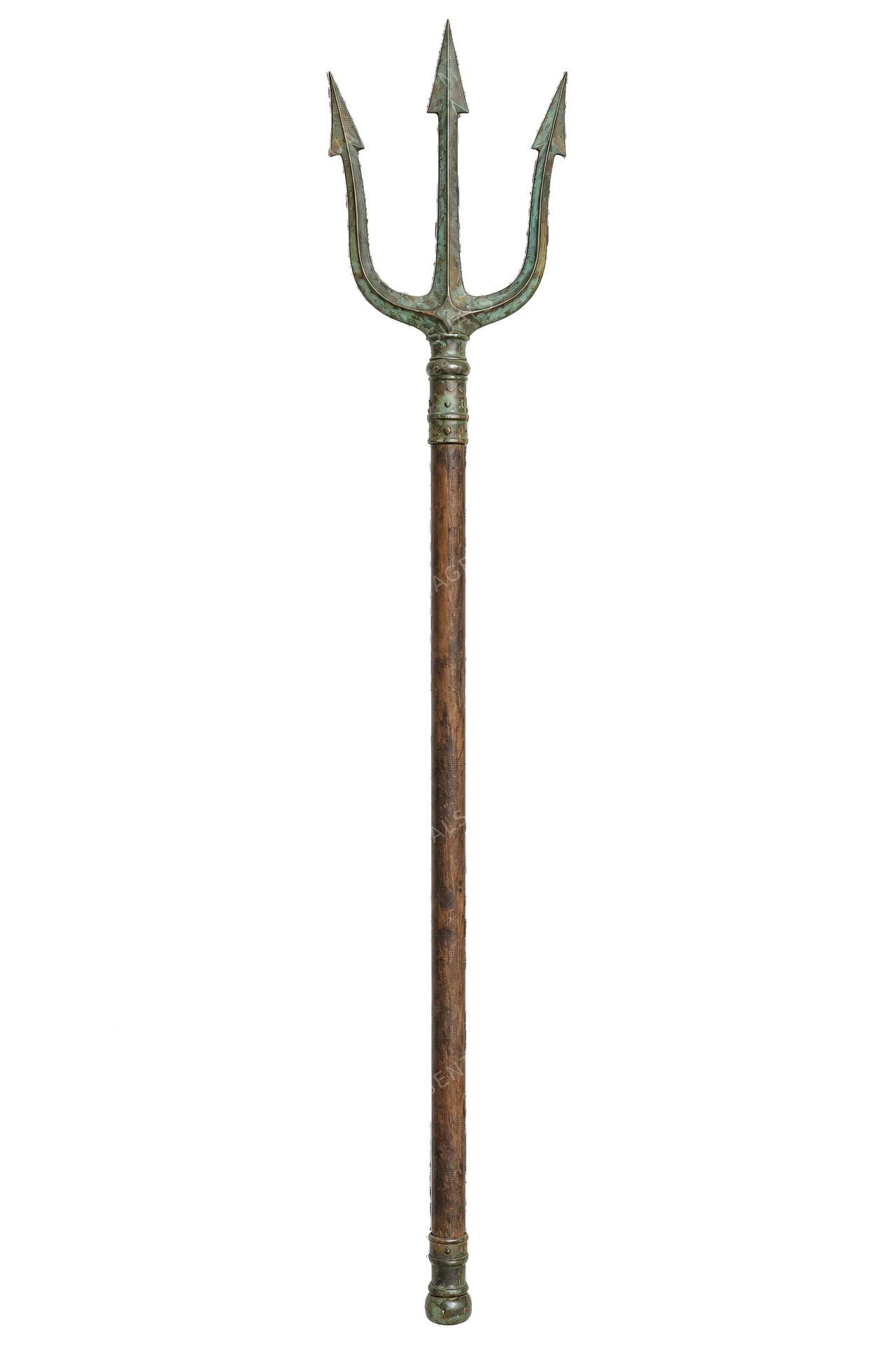 4K transparent cutout of product photography of a single ancient bronze trident with three sharp prongs and a long wooden shaft, isolated object, entire subject visible, centered in frame, museum artifact…