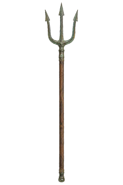 4K transparent cutout of product photography of a single ancient bronze trident with three sharp prongs and a long wooden shaft, isolated object, entire subject visible, centered in frame, museum artifact…