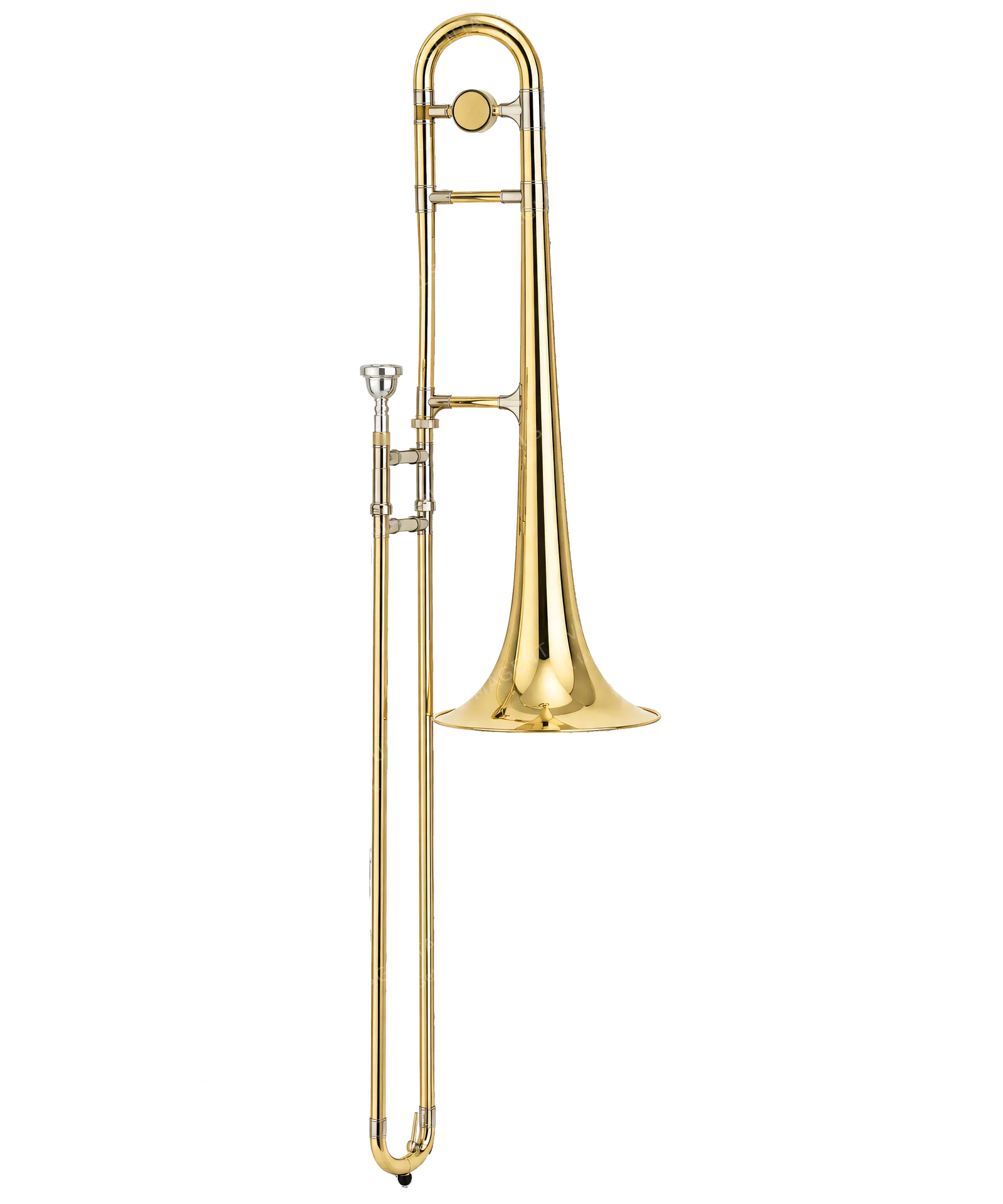 4K transparent cutout of product photography of a single shiny brass trombone with a slide, isolated object, entire subject visible, centered in frame, pure white background, seamless white backdrop, high…