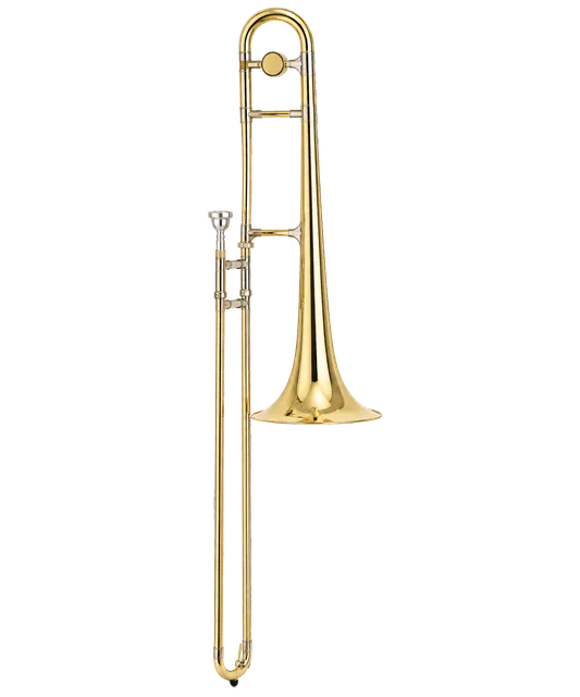 4K transparent cutout of product photography of a single shiny brass trombone with a slide, isolated object, entire subject visible, centered in frame, pure white background, seamless white backdrop, high…
