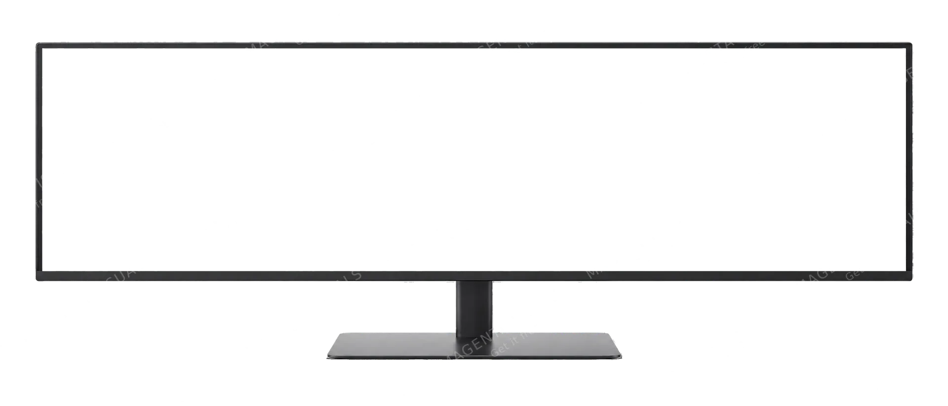 4K transparent cutout of product photography of a single sleek 21:9 ultrawide monitor on minimalist stand, slim bezel, panoramic panel, isolated object, entire device visible, centered in frame, straight-…