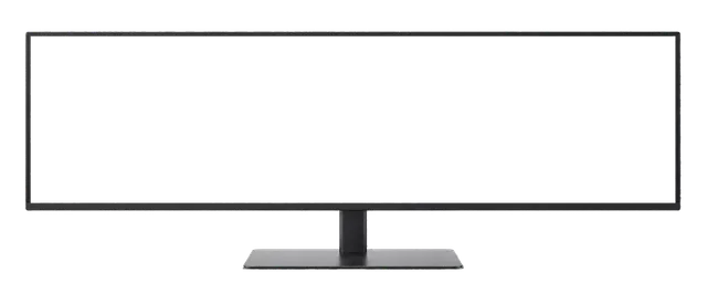 4K transparent cutout of product photography of a single sleek 21:9 ultrawide monitor on minimalist stand, slim bezel, panoramic panel, isolated object, entire device visible, centered in frame, straight-…