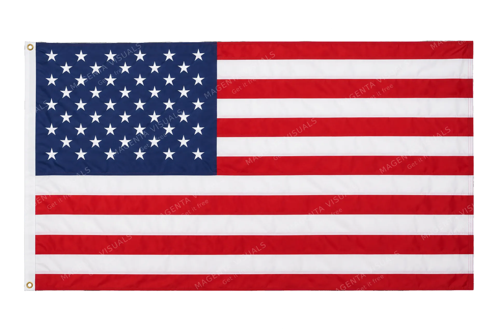 4K transparent cutout of product photography of a single official national flag of United States, isolated object, entire flag visible, centered in frame, correct colors and emblem, hanging as a flat rect…