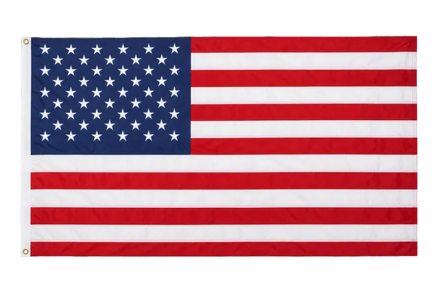 4K transparent cutout of product photography of a single official national flag of United States, isolated object, entire flag visible, centered in frame, correct colors and emblem, hanging as a flat rect…