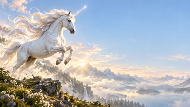 4K 16:9 widescreen artistic Windows desktop wallpaper, a majestic white unicorn leaping gracefully on the left side with a flowing pearlescent mane and a glowing crystalline horn, so…