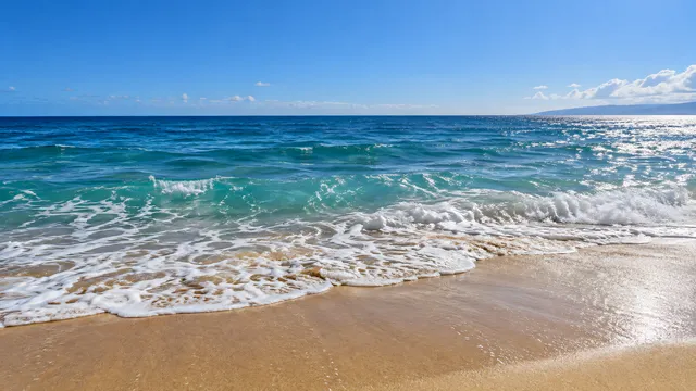 4K 16:9 widescreen photoreal photograph of deep blue and turquoise ocean waters stretching out to a clear distant horizon viewed from a pristine sandy beach under bright natural sunl…