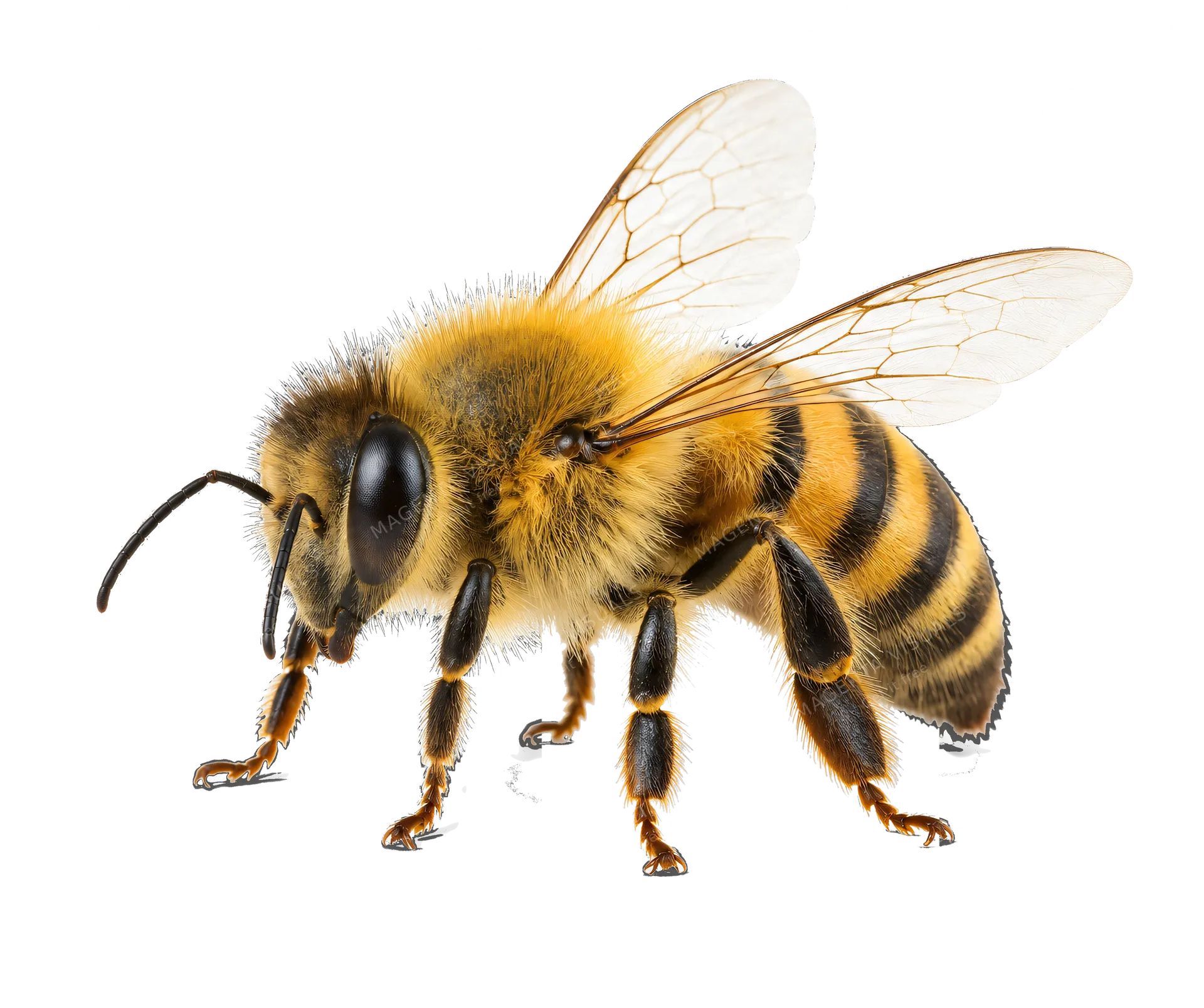 4K transparent cutout of product photography of a single fuzzy yellow and black striped bee, isolated object, entire subject visible, centered in frame, standing naturally, pure white background, seamless…