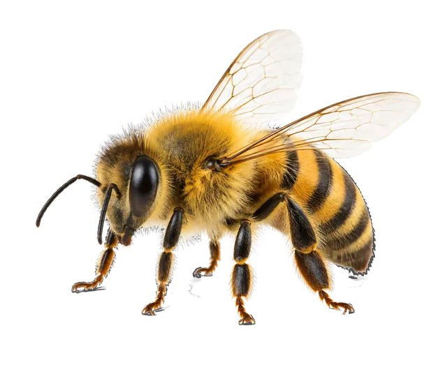 4K transparent cutout of product photography of a single fuzzy yellow and black striped bee, isolated object, entire subject visible, centered in frame, standing naturally, pure white background, seamless…