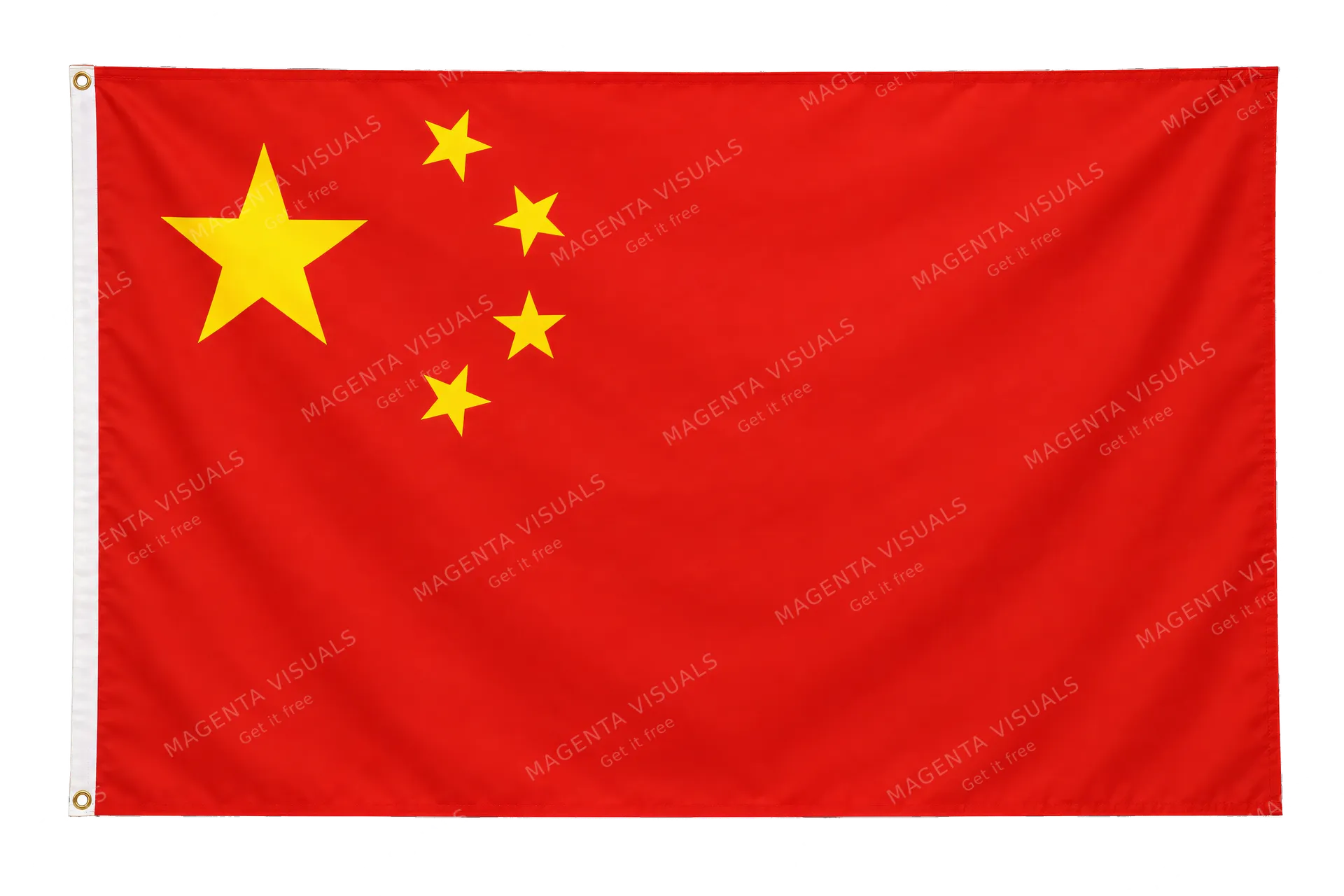 4K transparent cutout of product photography of a single official national flag of China, isolated object, entire flag visible, centered in frame, correct colors and emblem, hanging as a flat rectangular…