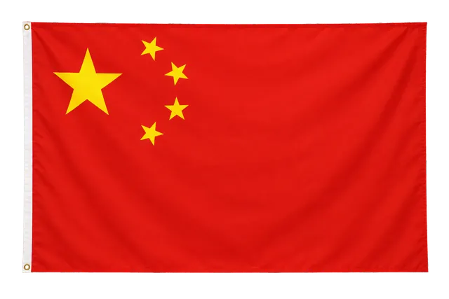 4K transparent cutout of product photography of a single official national flag of China, isolated object, entire flag visible, centered in frame, correct colors and emblem, hanging as a flat rectangular…
