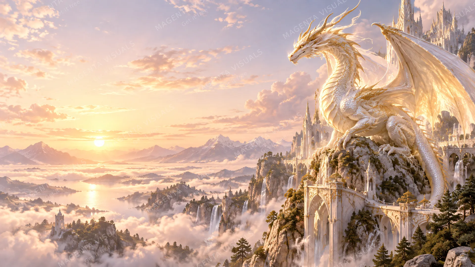 4K A breathtaking photoreal fantasy 16:9 widescreen desktop wallpaper featuring one continuous cinematic landscape illuminated by ethereal dawn light.