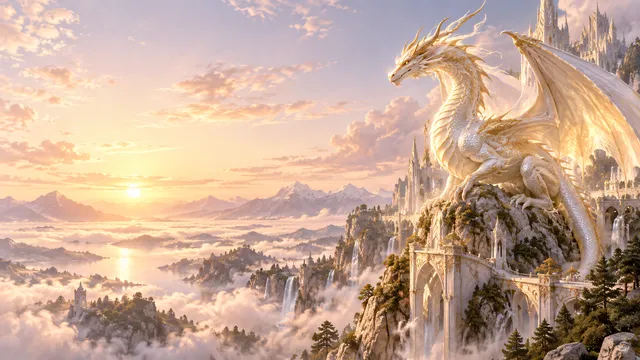 4K A breathtaking photoreal fantasy 16:9 widescreen desktop wallpaper featuring one continuous cinematic landscape illuminated by ethereal dawn light.