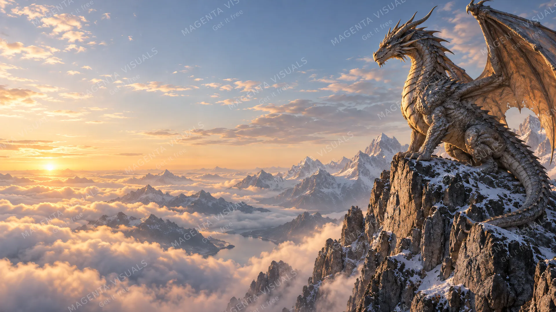 4K 16:9 widescreen desktop wallpaper of a majestic mountain dragon in a photorealistic fantasy landscape.