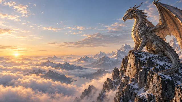 4K 16:9 widescreen desktop wallpaper of a majestic mountain dragon in a photorealistic fantasy landscape.