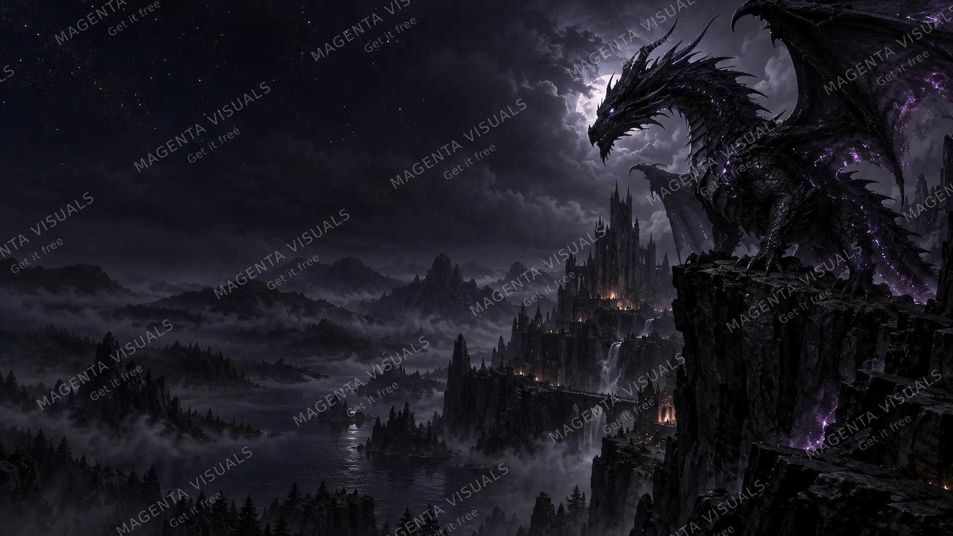 4K 16:9 widescreen desktop wallpaper featuring one continuous photoreal fantasy landscape.